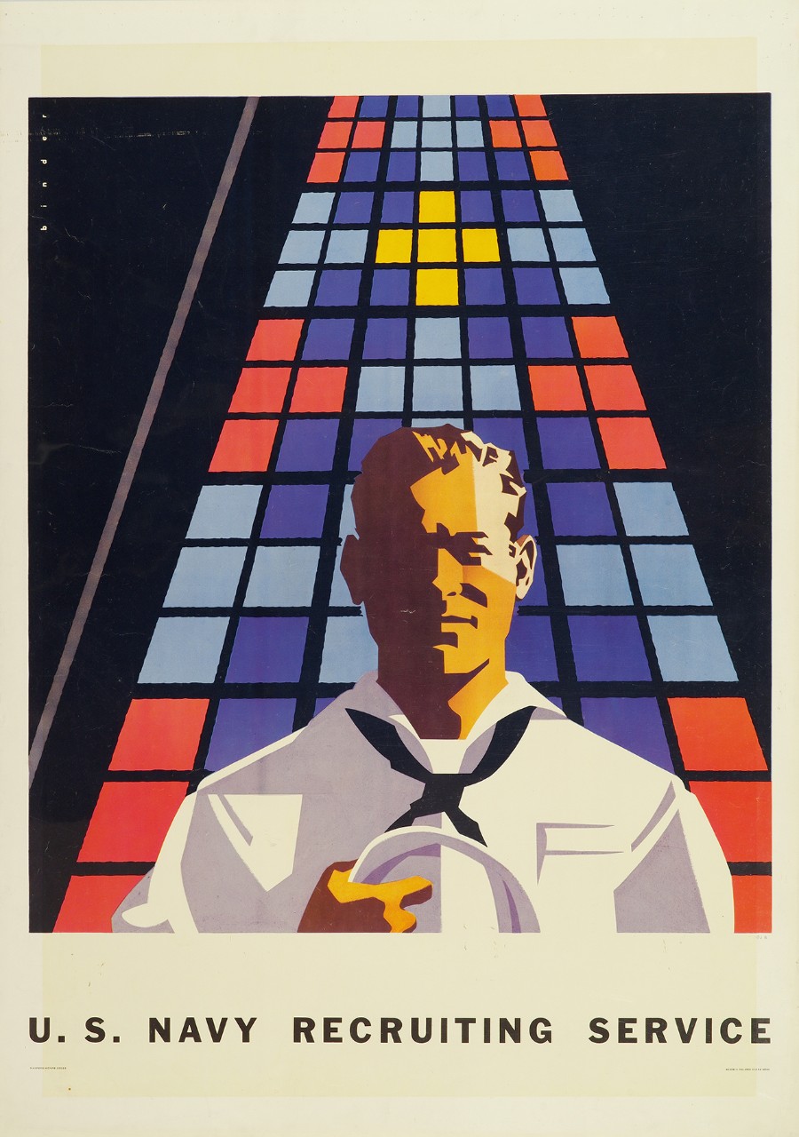 A sailor holding his hat stands in front of a stained glass window. At bottom is text U S Navy Recruiting Service.