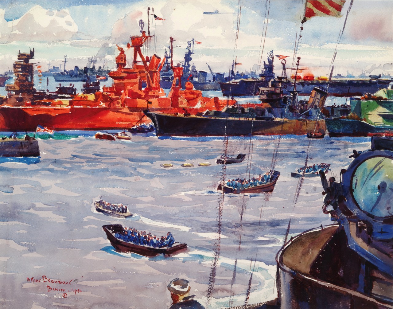 A battleship painted orange is in the center of boats and ships 