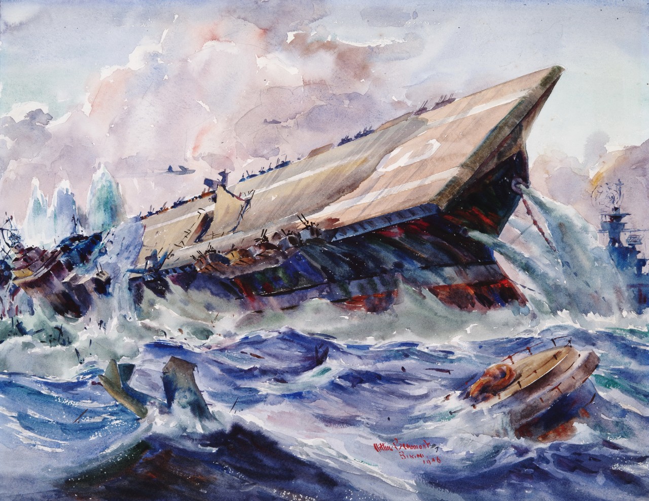 An aircraft carrier sinking after testing