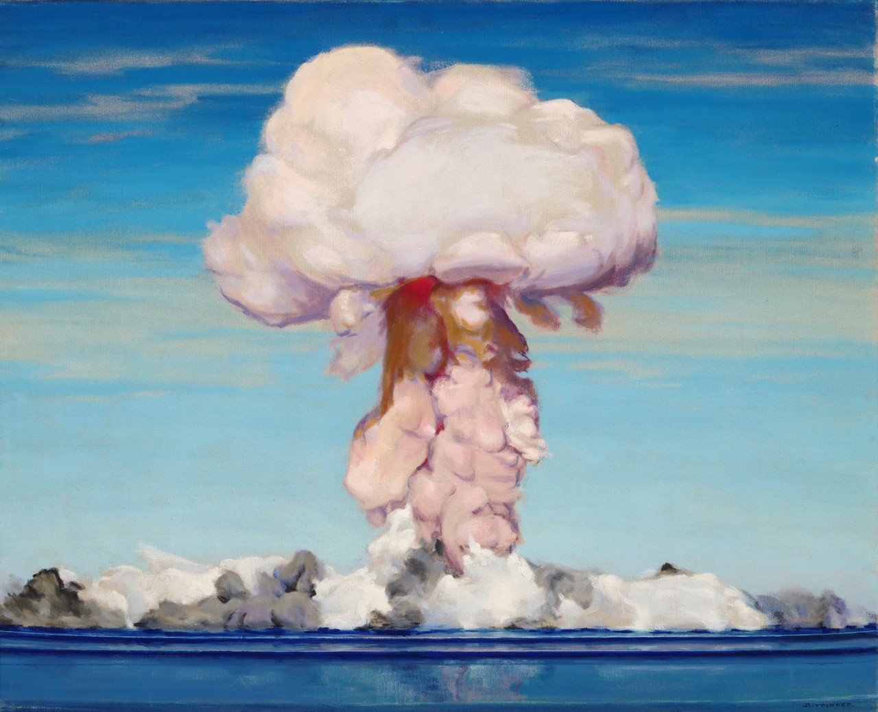 A pink mushroom cloud rises from the lagoon