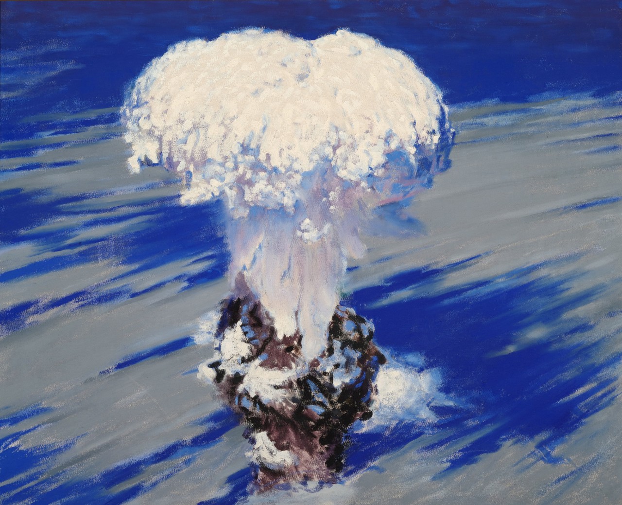 An atom bomb mushroom cloud seen from a top down perspective