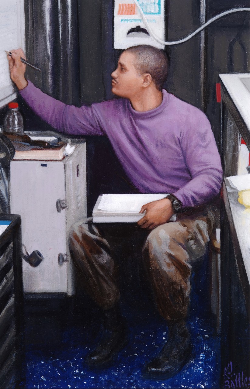 A crewman in a purple shirt is writing on a white board