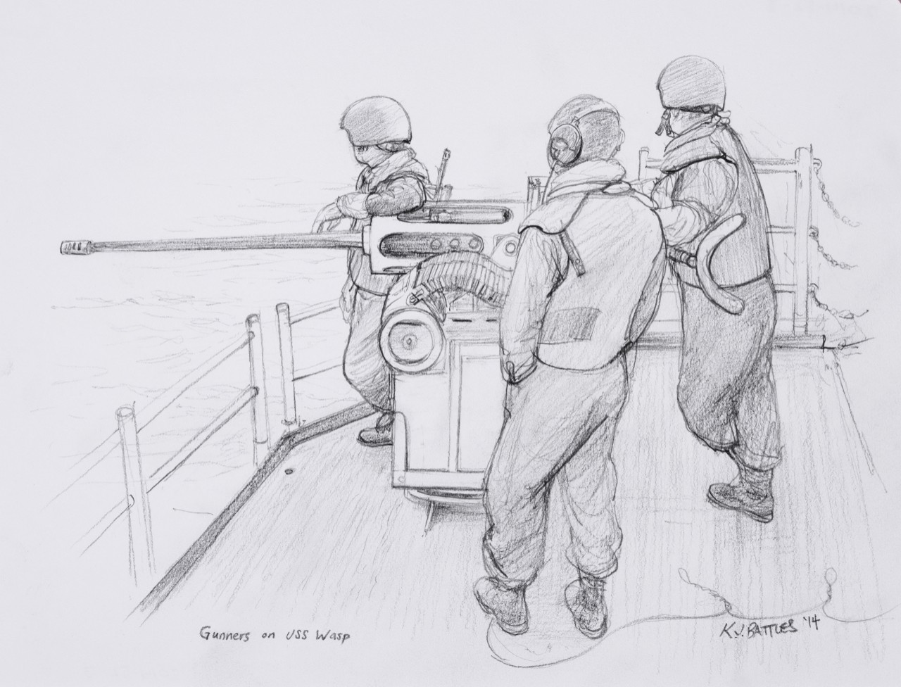 Three crewmen stand next an Mk-38, 22mm deckgun