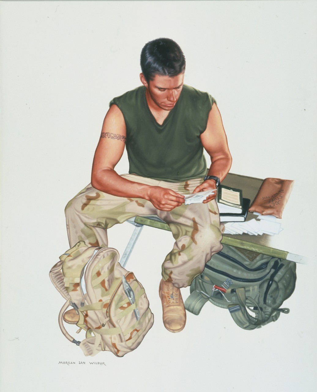 A navy corpsman sits on a cot reading a letter