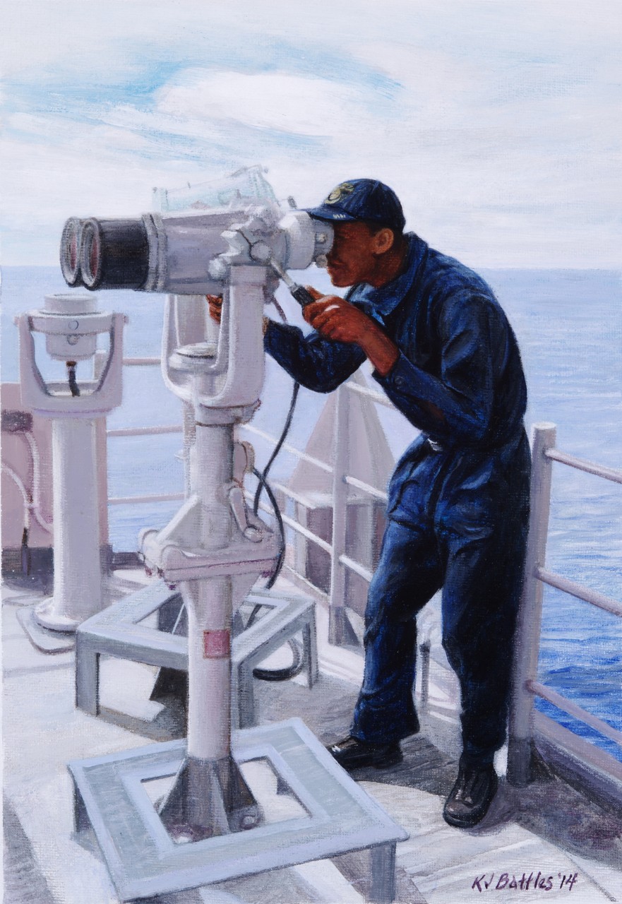 A crewman is looking through binoculars on deck