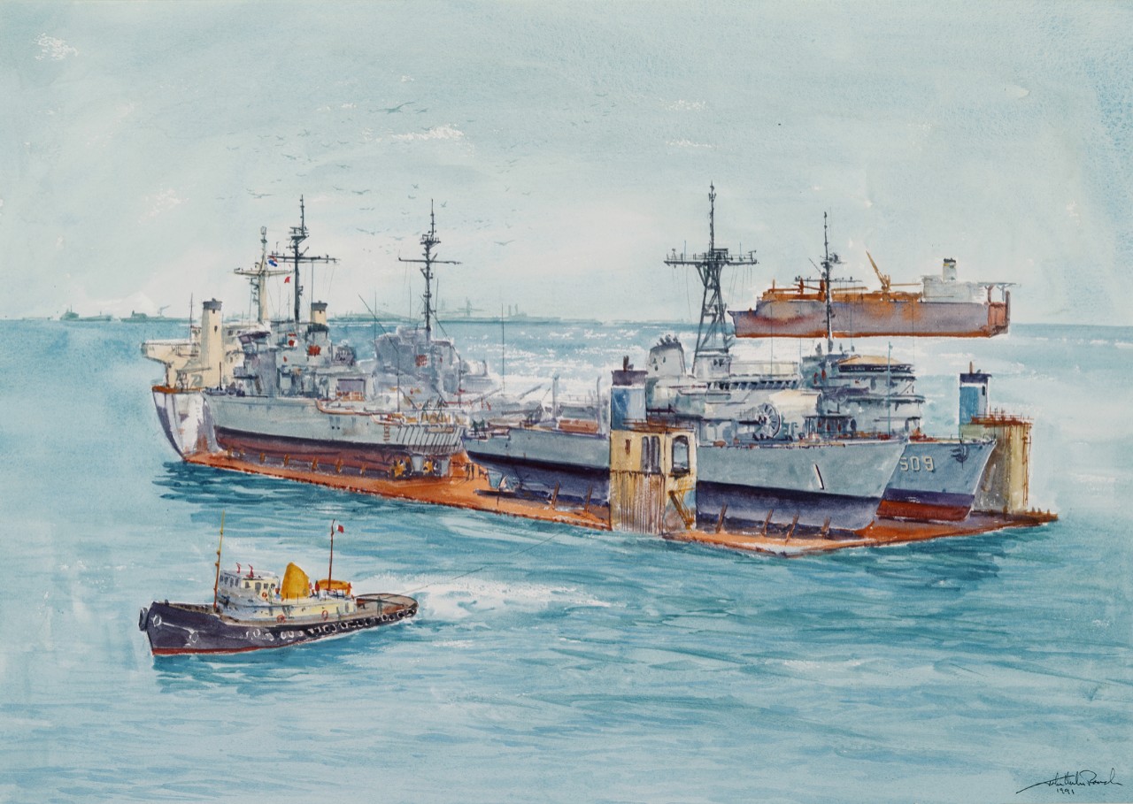 Entering a harbor on a transport ship are four Navy ships with a tug in the foreground