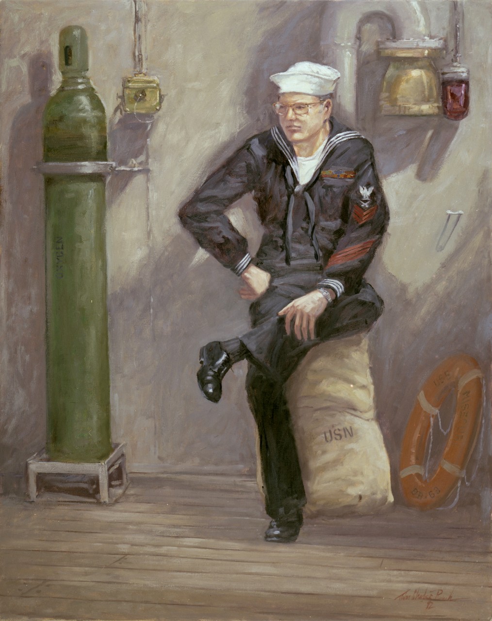 A sailor is seated on a full canvas bag he is leaning against the side of the ship