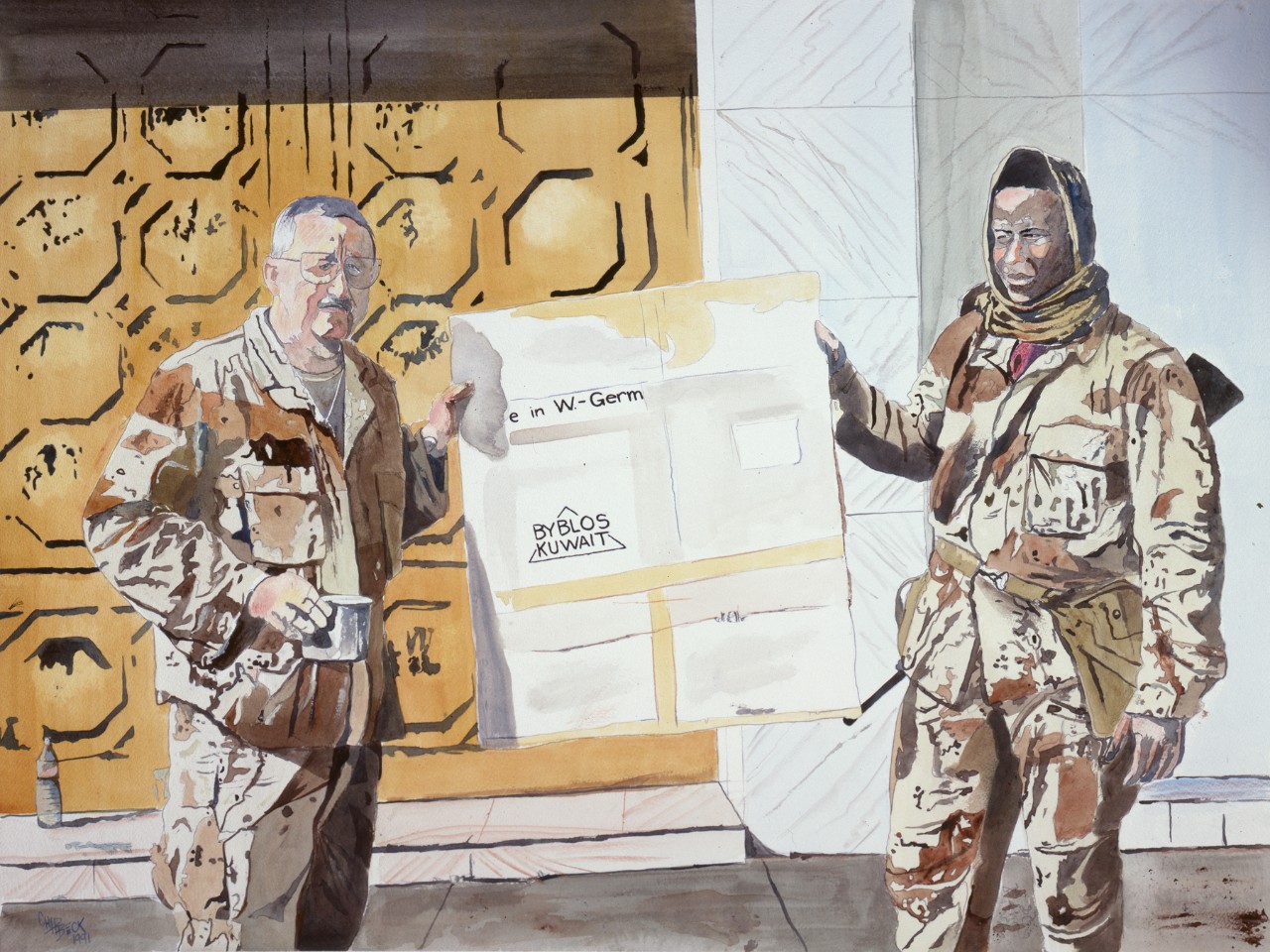 Two men in camouflage stand in front of an ornate door holding a map