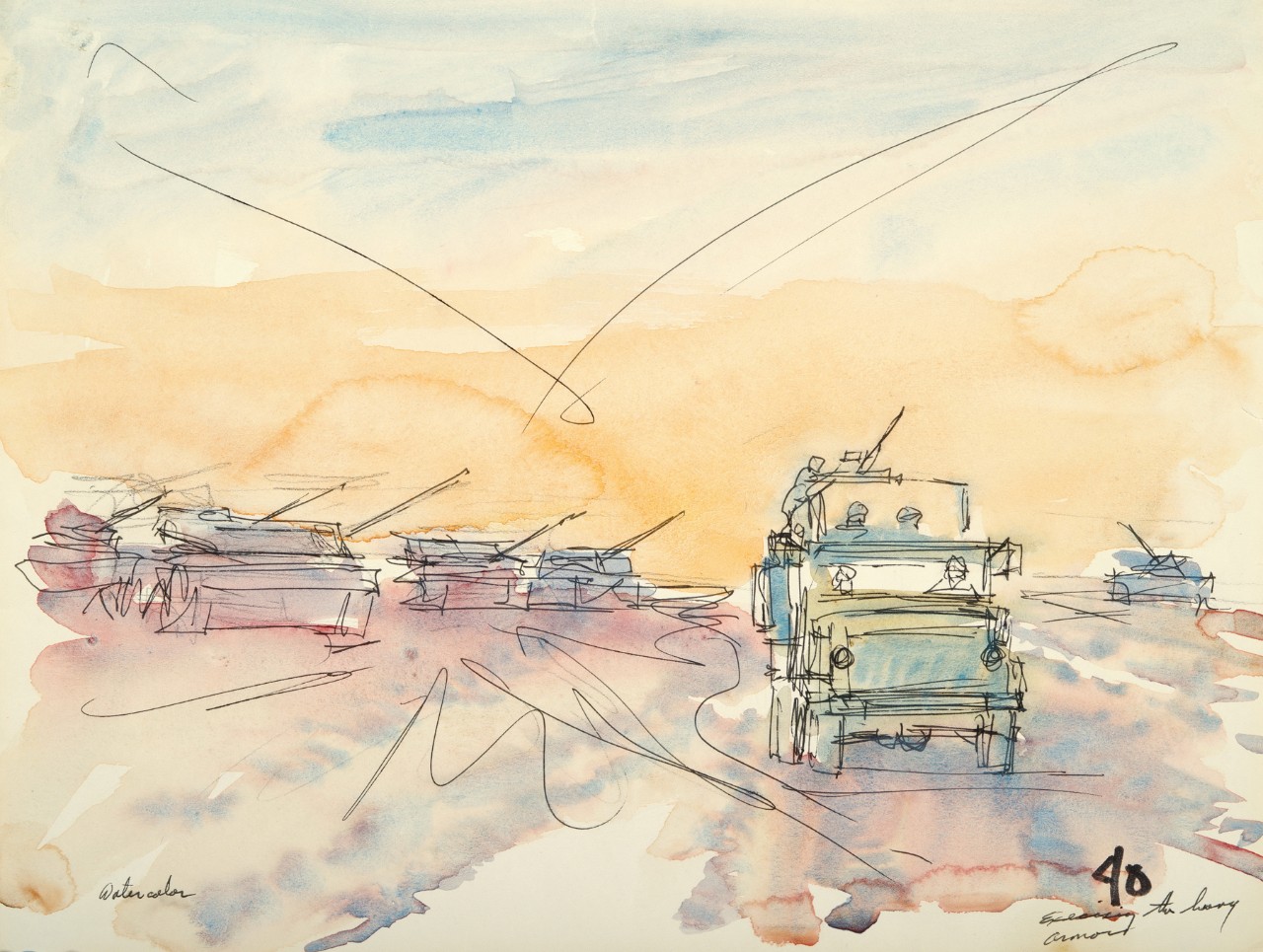 Four tanks are in the background as a small Humvee drives in front of them with the sun setting in background