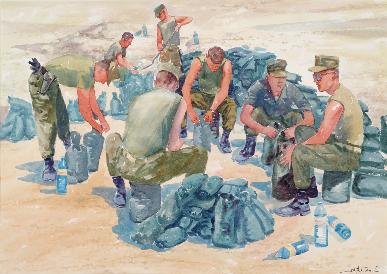 A group of men filling sandbags in an assembly line