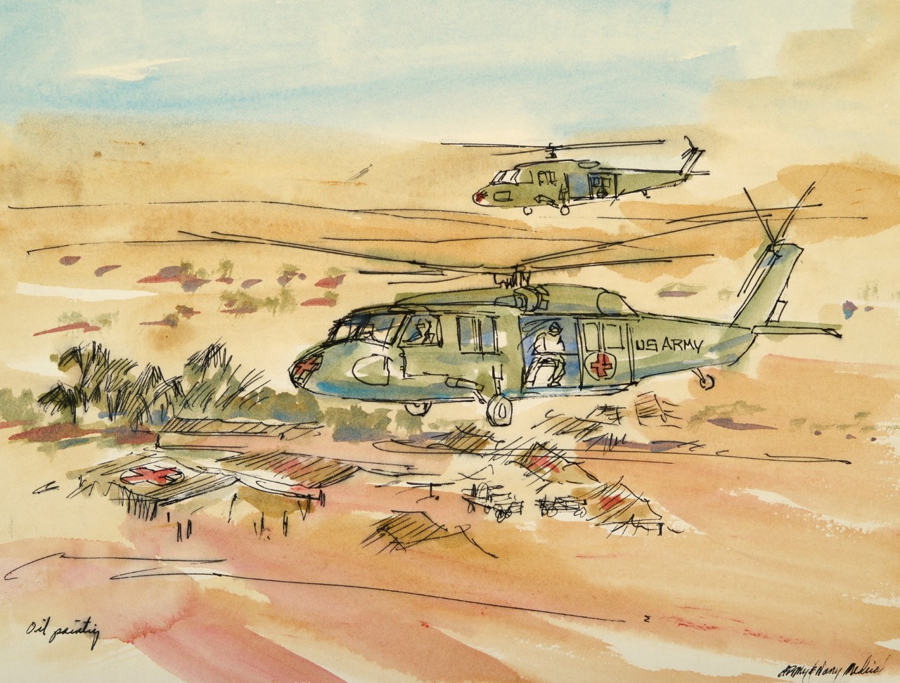 Two helicopters fly over hospital tents in the desert