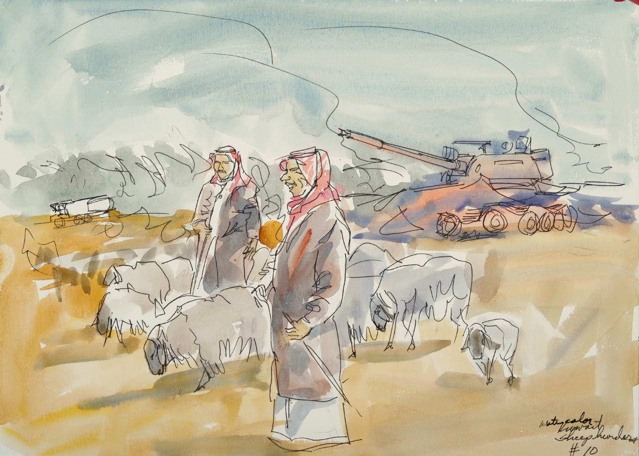 Two men herding sheep, in the background is a wrecked tank