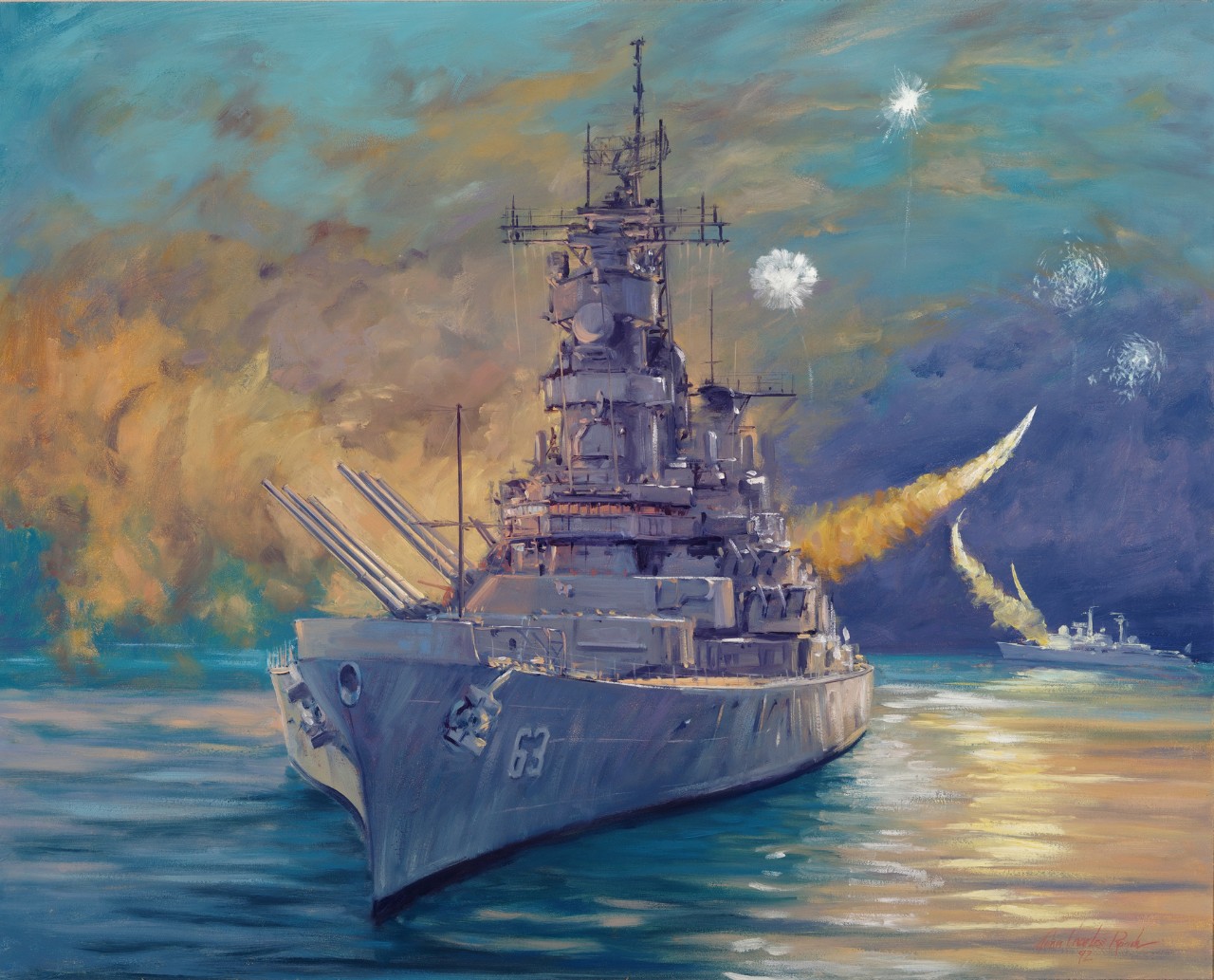 A battleship at night with missiles streaking through the sky