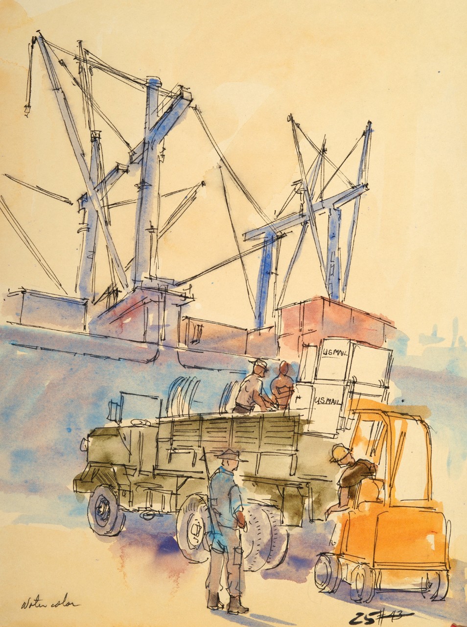 Soldiers load crates of mail from a forklift onto a truck, a ship is in the background next to the pier