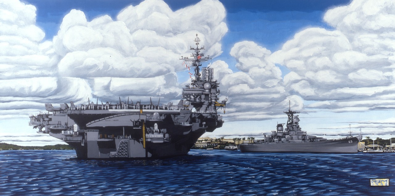 The U.S.S. Kitty Hawk (CVA-62) is in the foreground U.S.S. Missouri (BB-63) is behind it.
