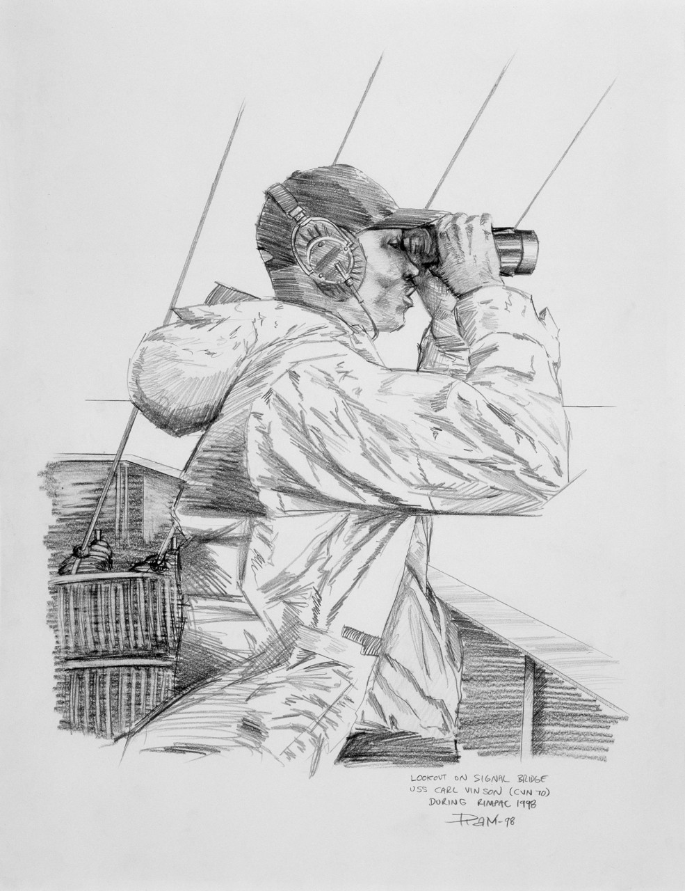 A man with binoculars looks out over the railing