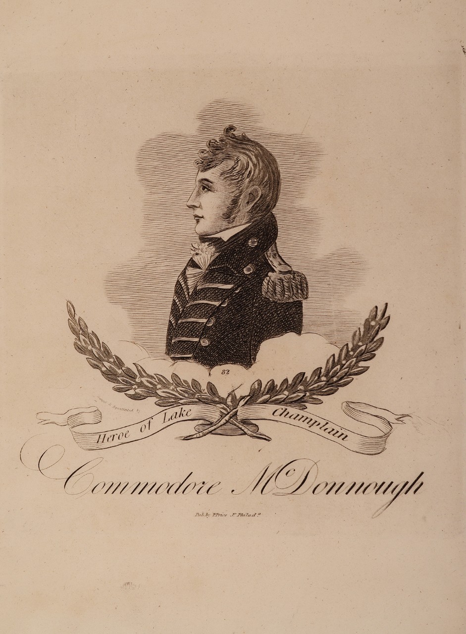 Portrait of Commodore McDonough in profile with laurel garland below the portrait