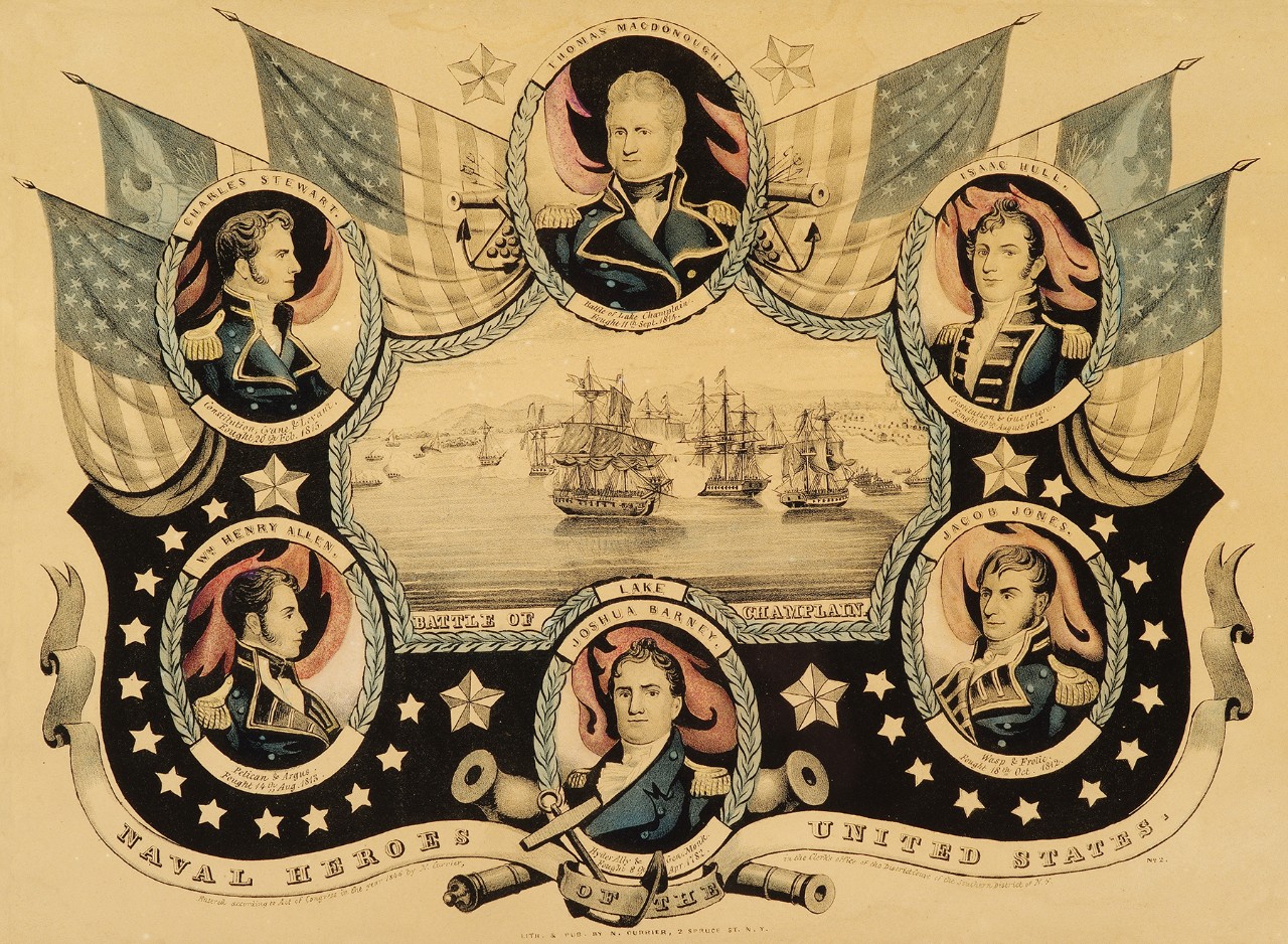 In the center is scene of the Battle of Lake Champlain with six oval portraits of naval officers. There is a border of red, white and blue bunting around all the elements of the print