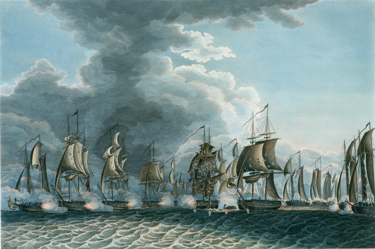 Sailing ships in two lines firing on each