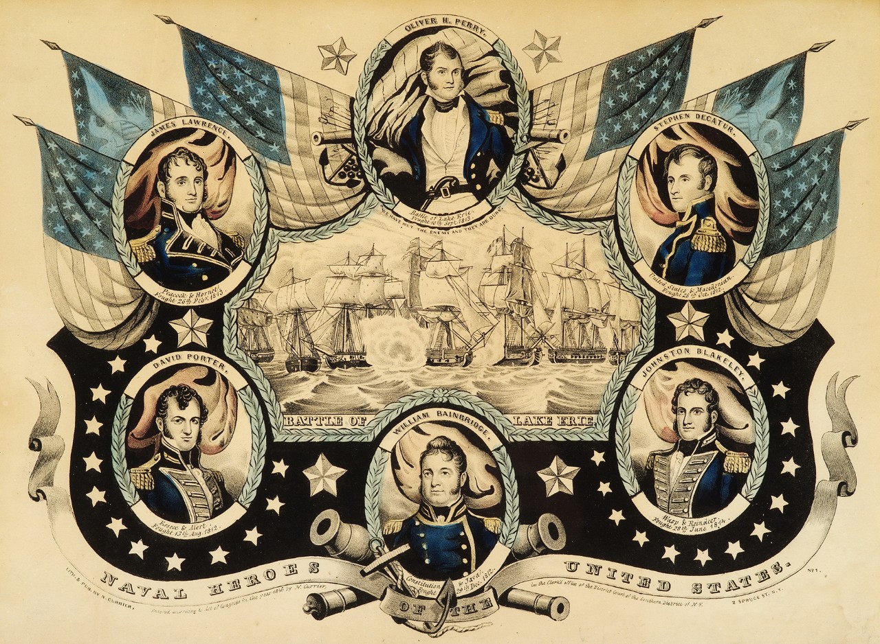 At center is a scene of the Battle of Lake Erie, around the image are 6 portraits of naval heroes of the event
