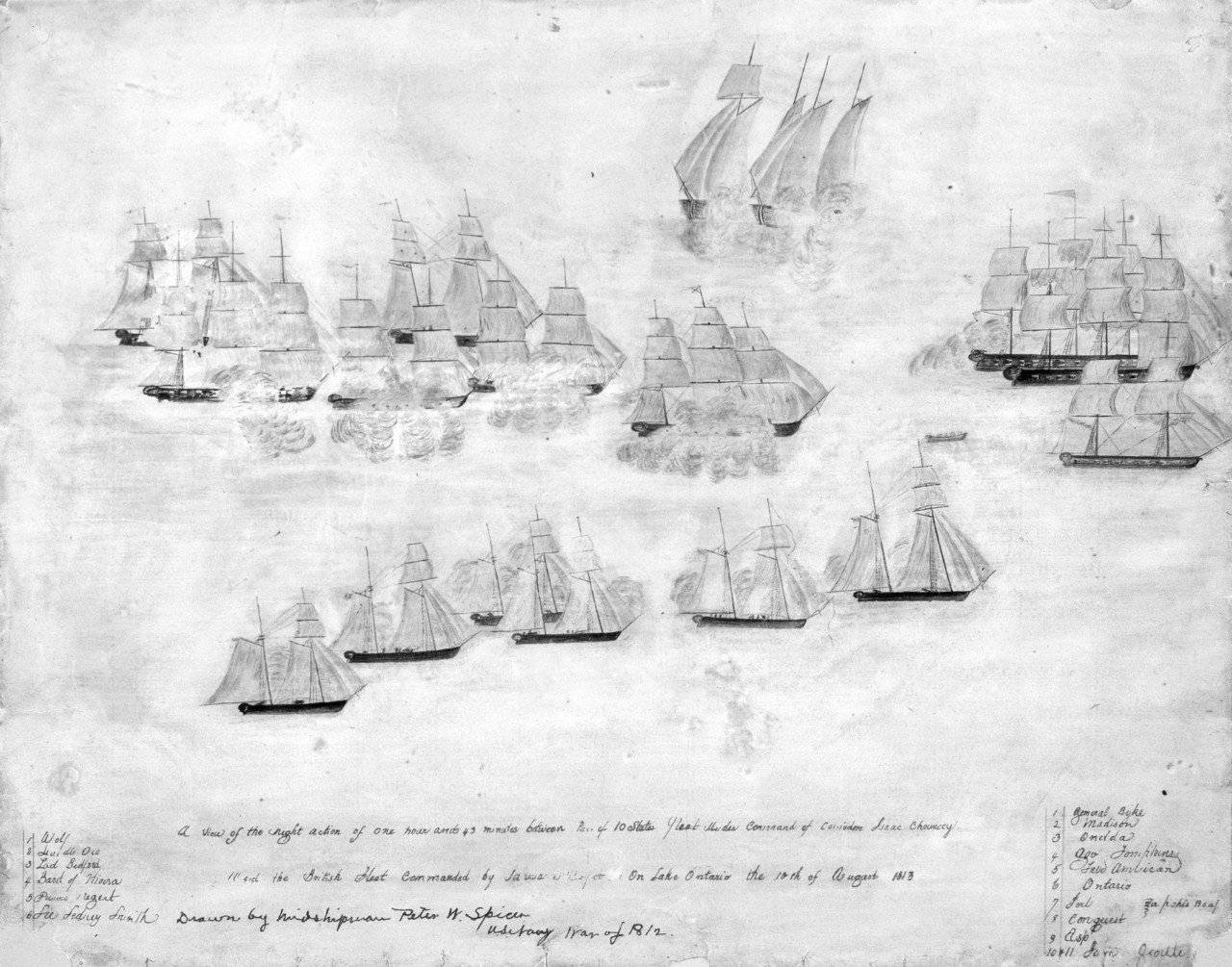 Two lines of ships firing at each other, the ships are coming to a point at the top left, several ships are firing at each other