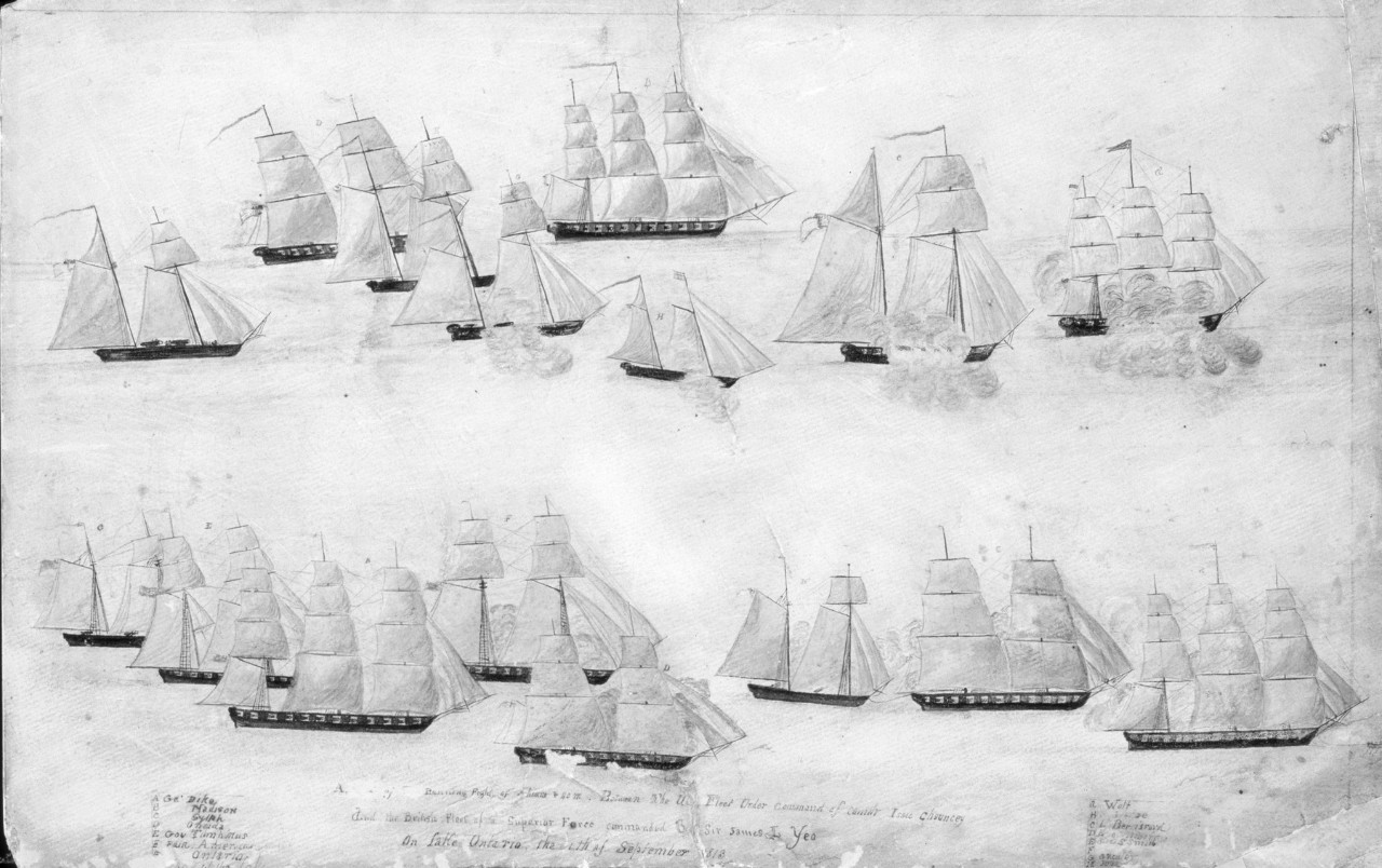 Two lines of ships, one at the top the other towards the bottom, the ships are firing at each other