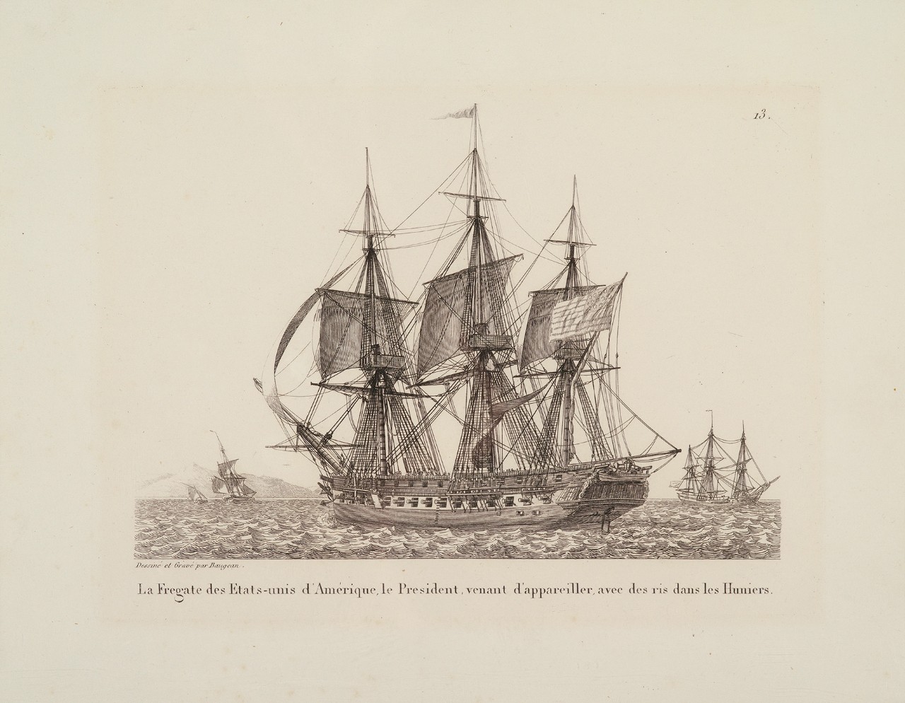 Portside view of a sailing ship at anchor, three other ship in the background