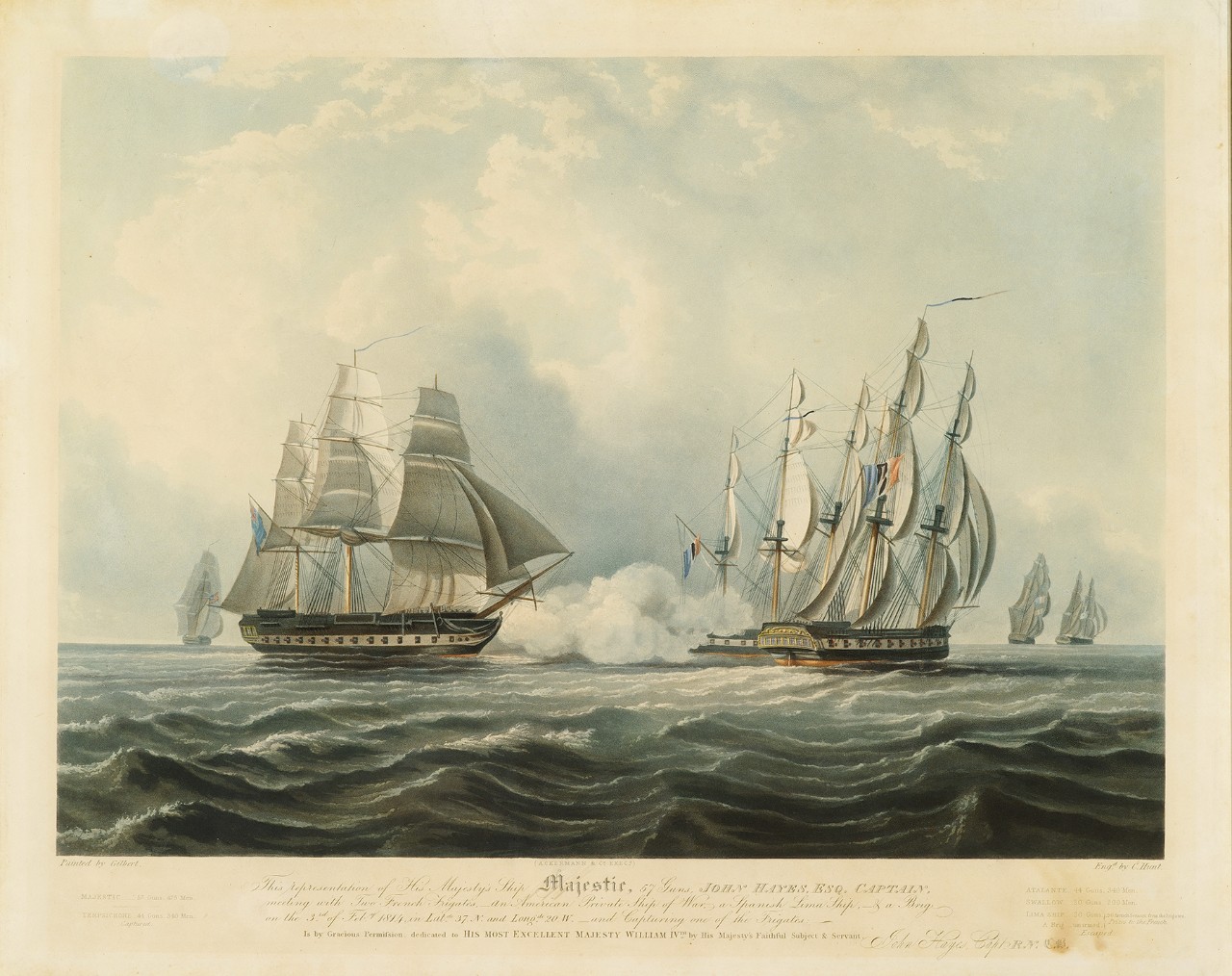 A ship battle, in the foreground a British ship engaging two French ships. In the background, on left side an American ship Swallow is fleeing and on the right two ships are fleeing the battle