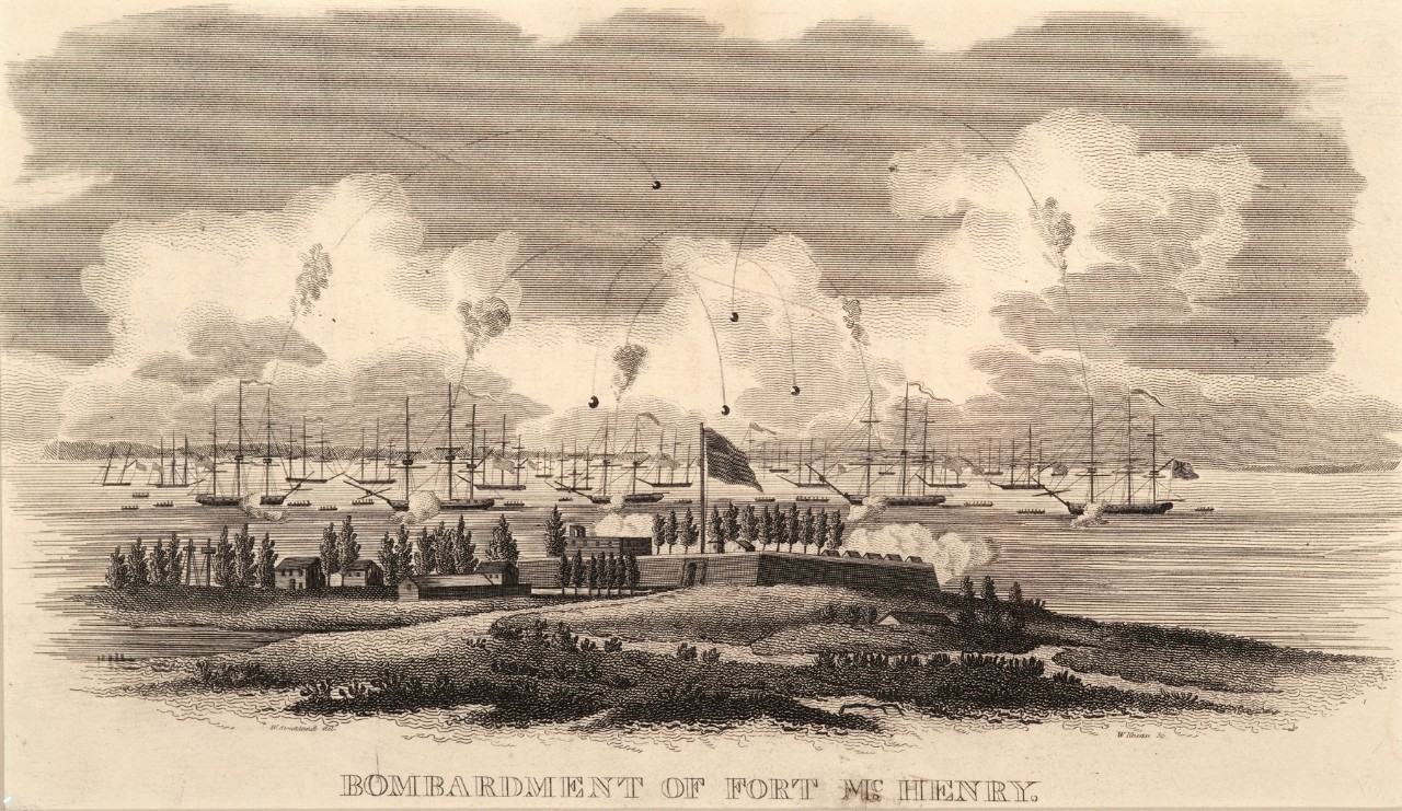 A fort in the background being shelled by ships in the harbor