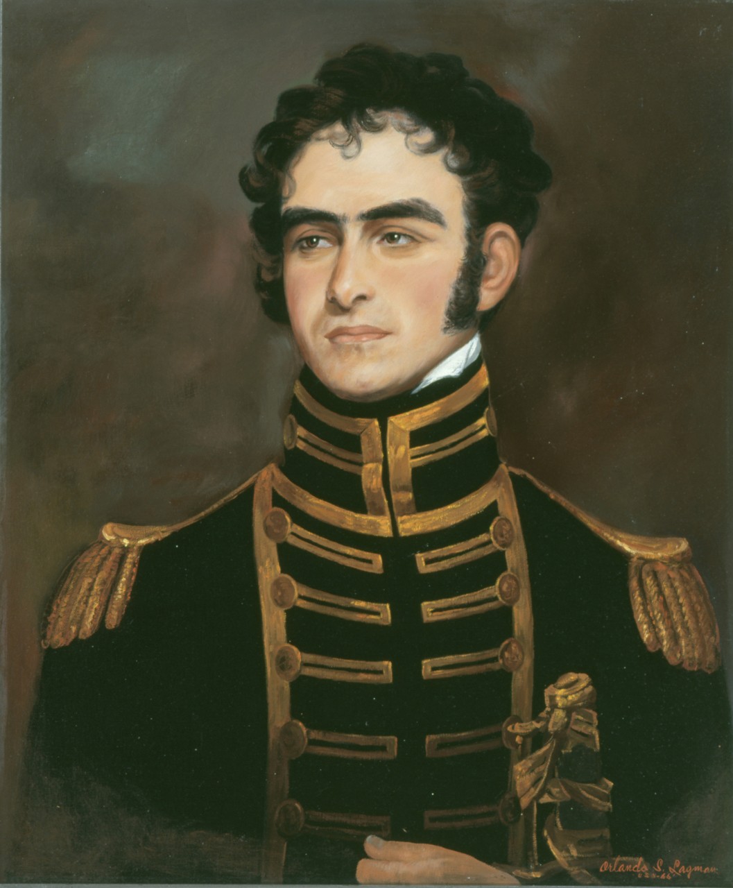 A portrait of Commodore John Rodgers, he is holding his sword in his left hand there is smoke in the background