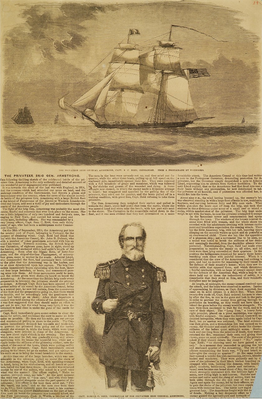 Two images the top is the ship General Armstrong under full sail, the bottom is standing portrait of Captain Samuel Reid with text