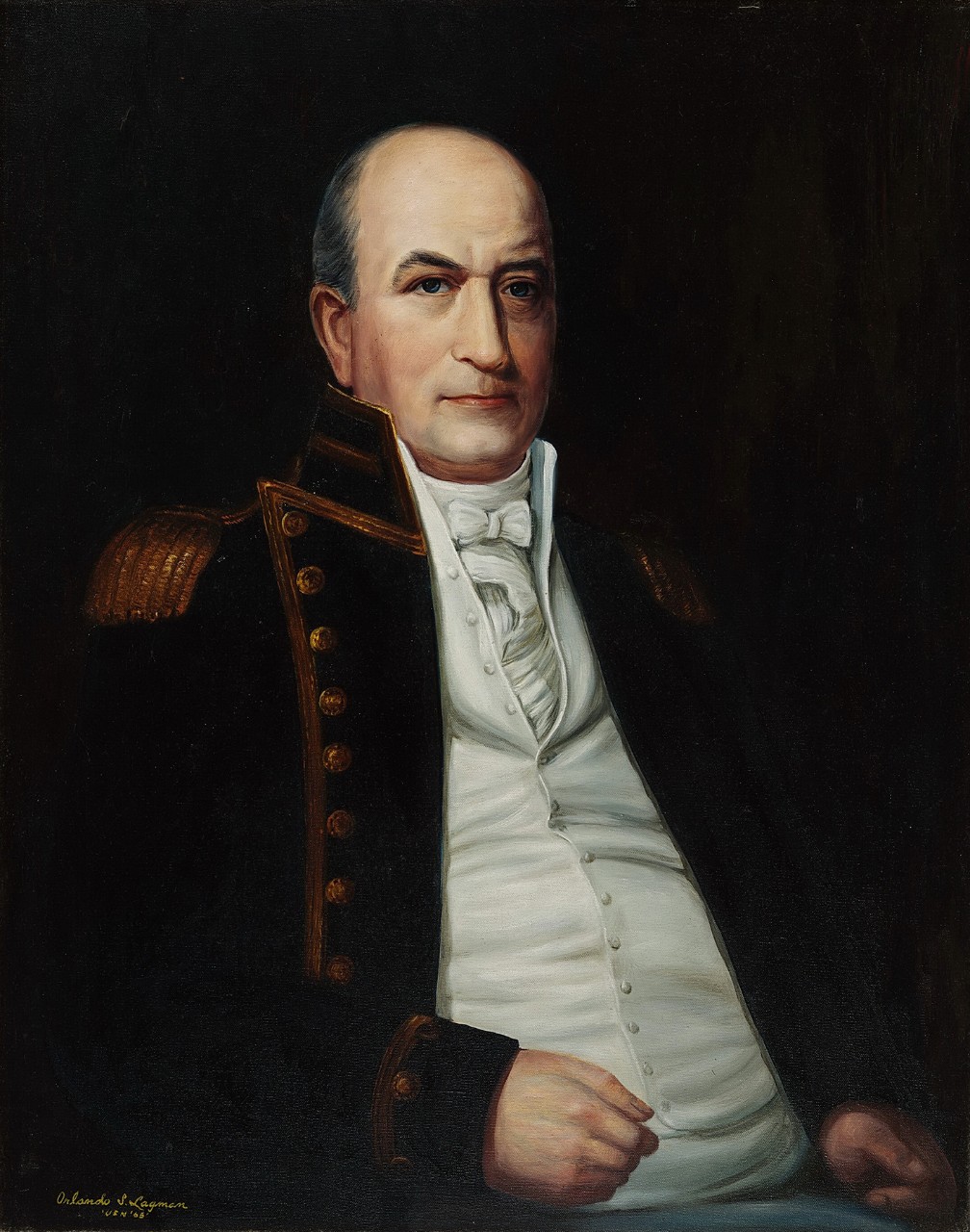 Portrait of Thomas Tingey, he is seated, wearing a naval uniform with a dark background