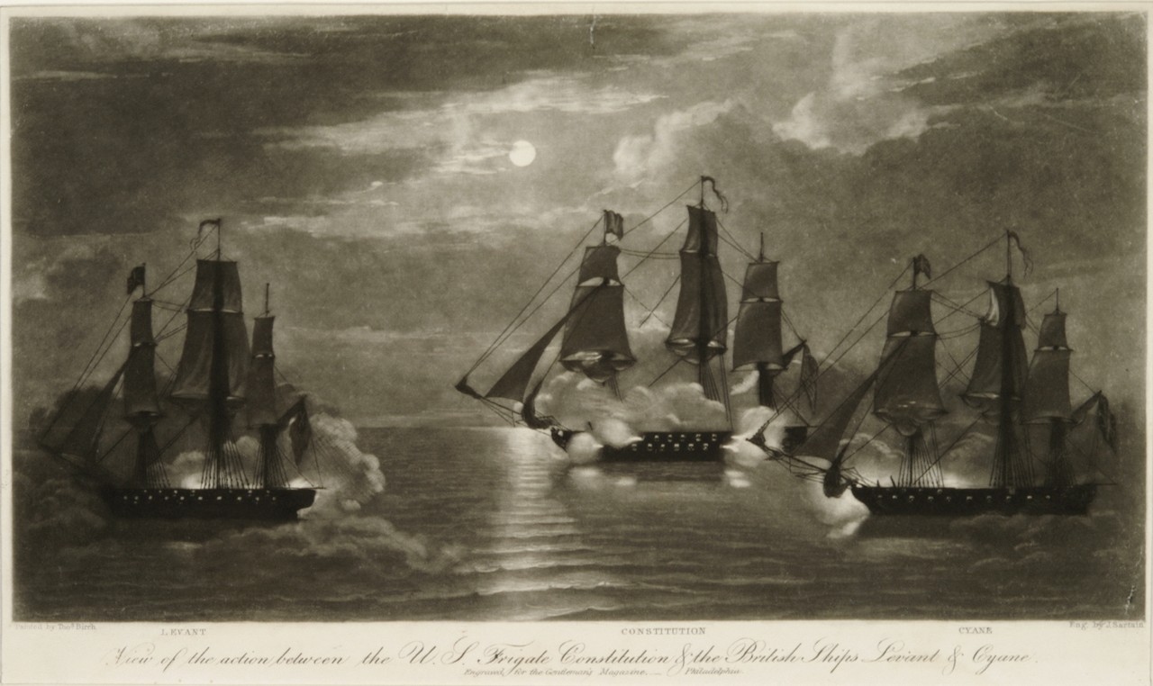 A ship battle at night involving three ships HMS Levant is on the far left with USS Constitution and HMS Cyane on the right. All the ships are firing cannons