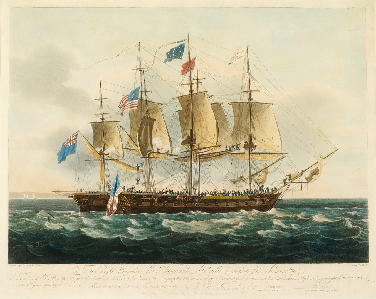 Two ship in combat in close quarters with crews fighting on the deck of the American ship, the American flag is in the water</p>