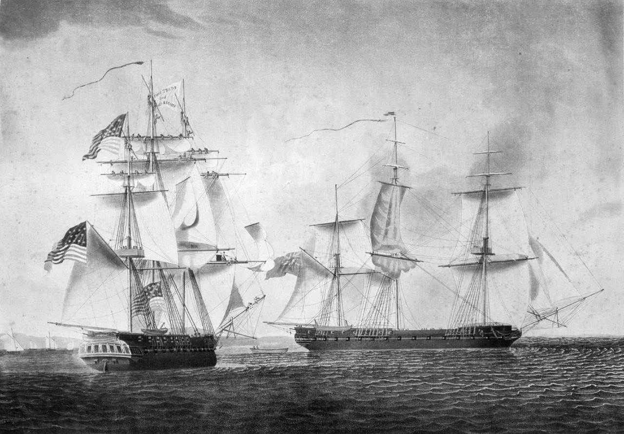 An American ship on the left approaches a British ship on the right