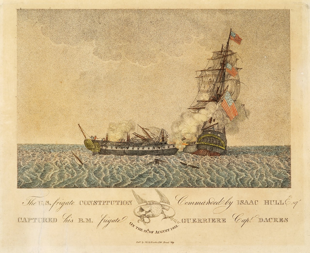 The ship on the right is broadside to the ship on the left, which is demasted and smoking