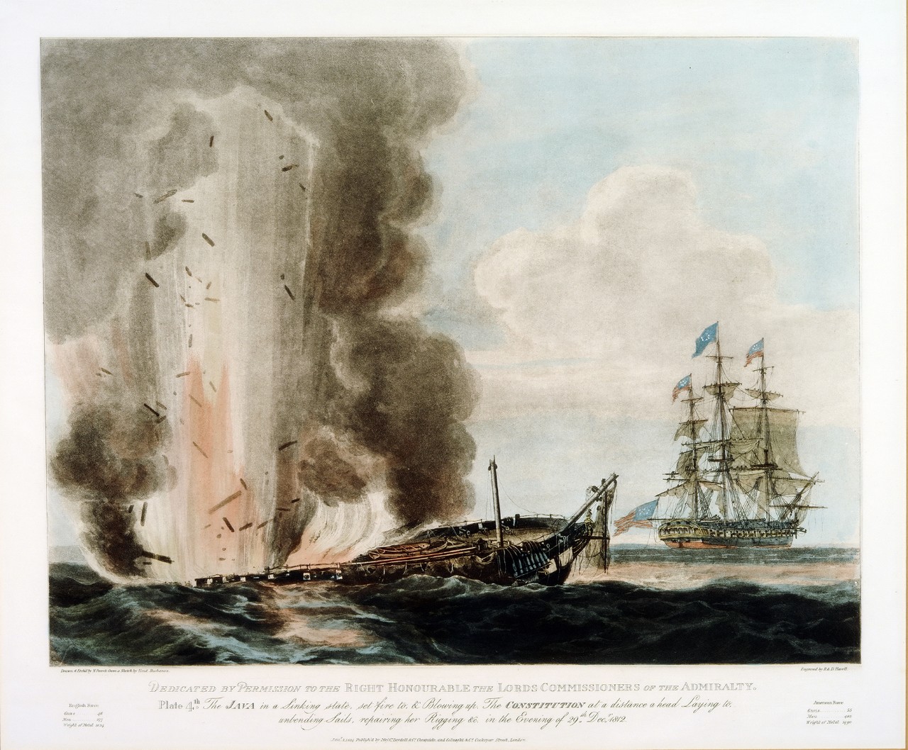 To the left, the British ship is exploding as it sinks, the American ship is in the background