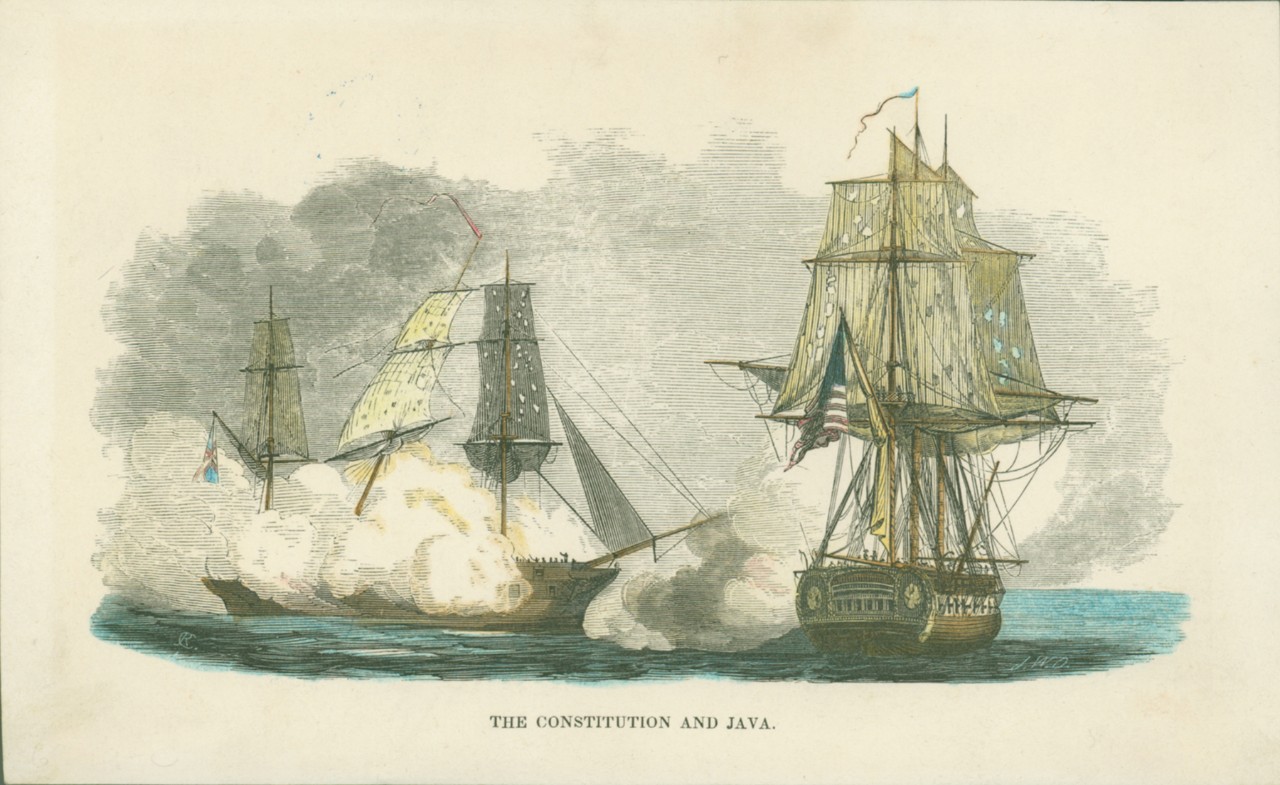 Constitution on the right side of the image is firing into the bow of the Java, which has smoke all around the deck