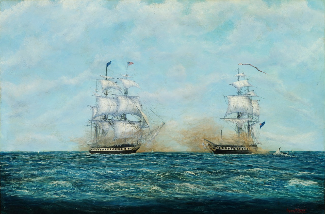 Two ships in battle, the American ship on the right firing at the heavily damaged British ship on the left which as lost a mast