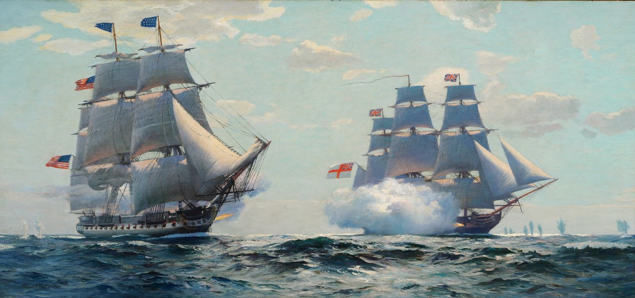 Two sailing ships firing at each other, smoke from the cannon is visible from each ship