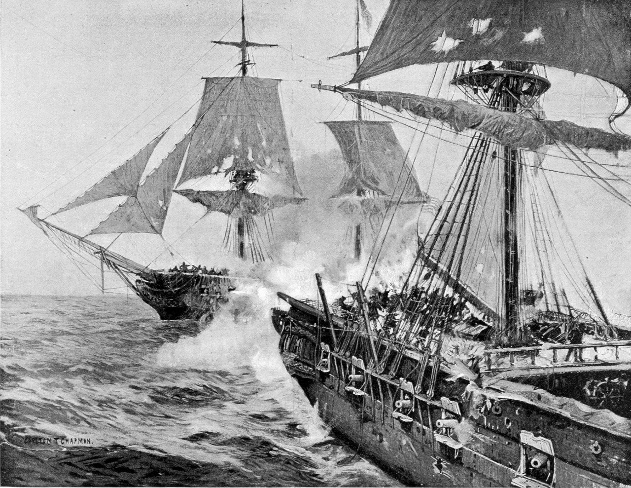 A sailing ship firing guns from its bow into another ship directly in front