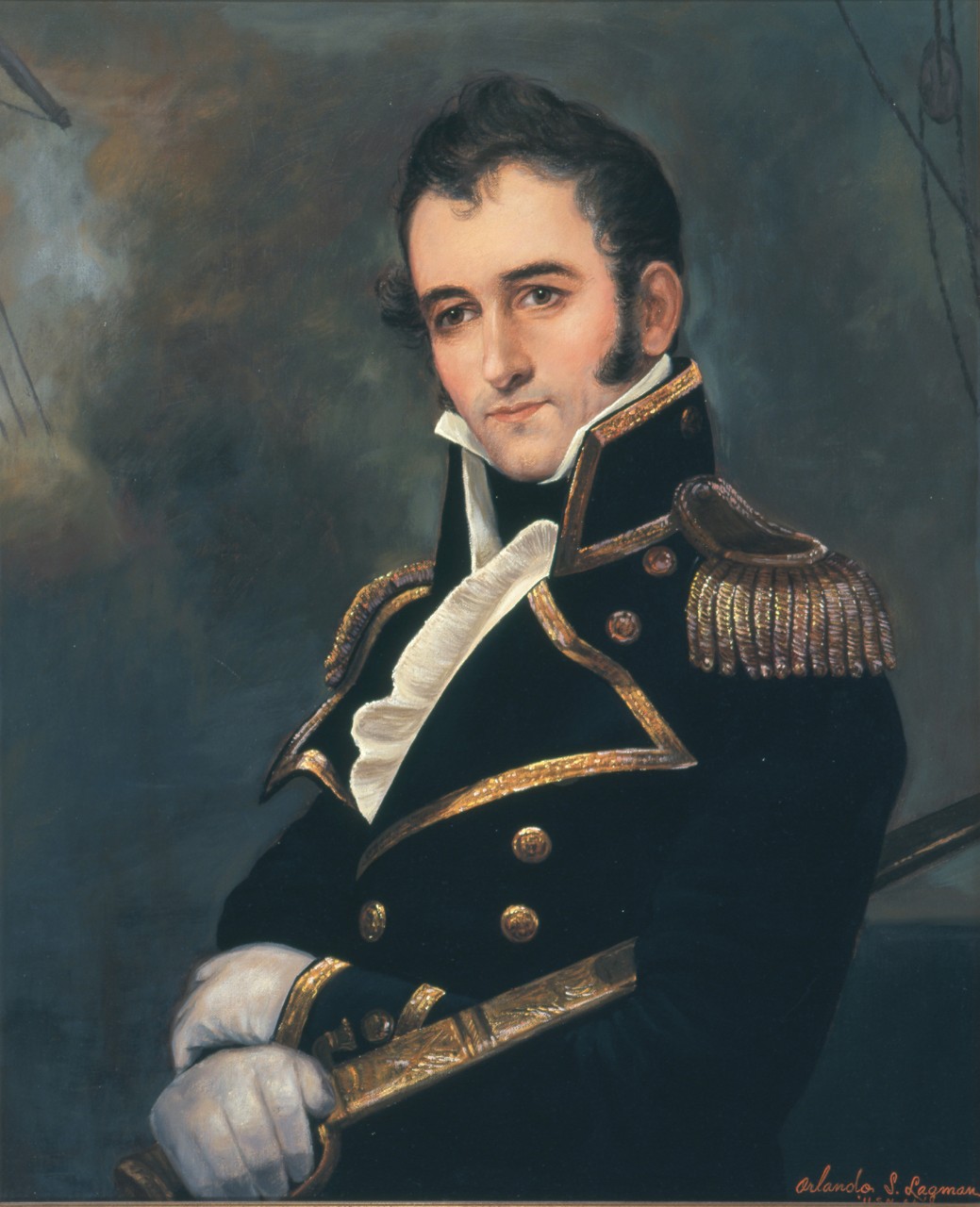 Portrait of David Porter, he is wearing a naval uniform and holding a sword with a smokey background