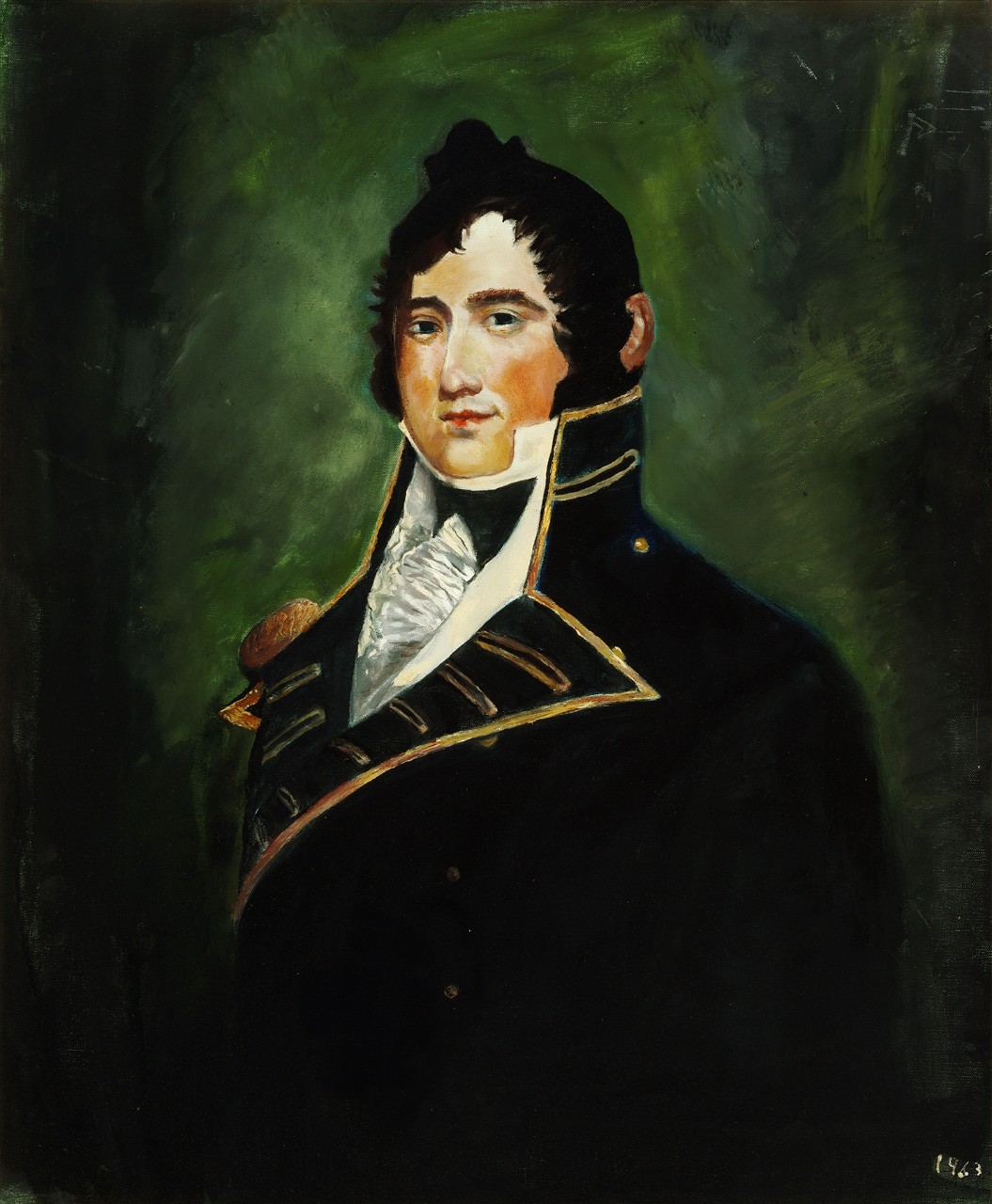Portrait of James Lawrence with a green background