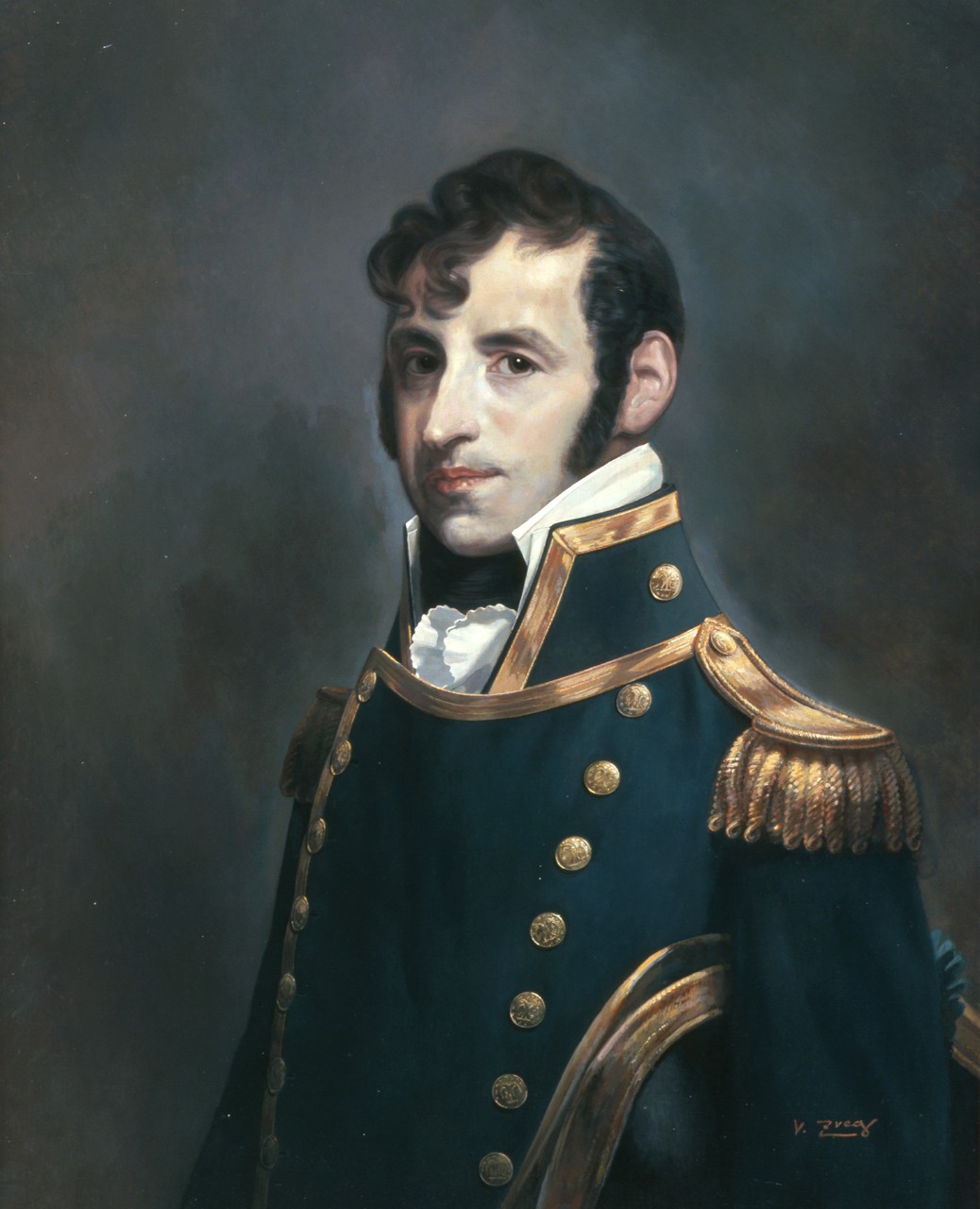 Portrait of Stephen Decatur wearing a uniform with a dark background