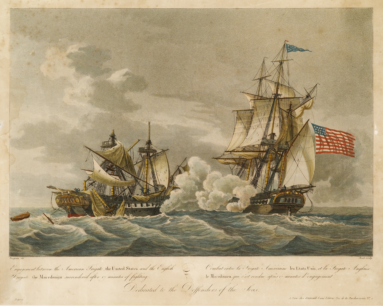 The American ship on the right firing into the demasted British ship on the left