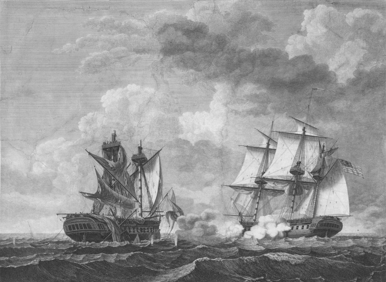 Two sailing ships in a battle, the one on the left has lost its masts and sails, the one on the right is firing canon