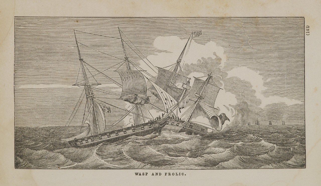 Two ships in a battle, the British ship on the right is ramming the American ship on the left