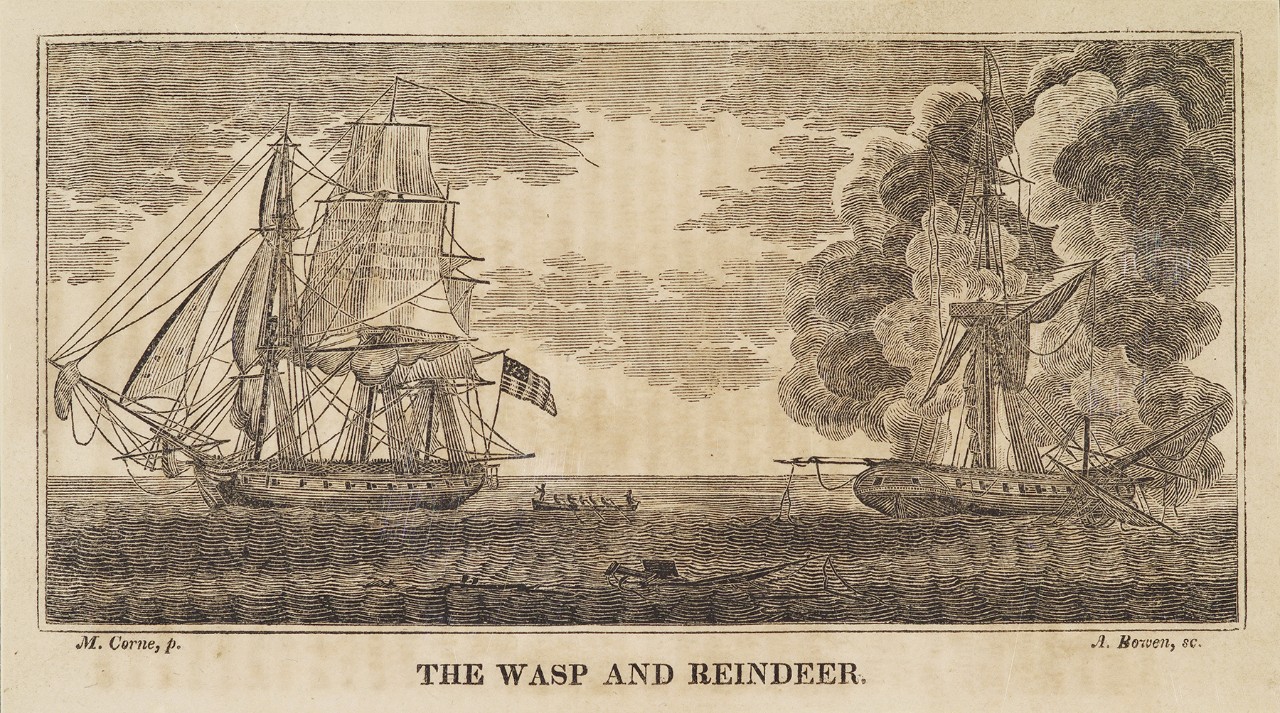 An American ship is on the left with a small boat with men on board in the middle, on the right is a heavily damaged British ship that is on fire
