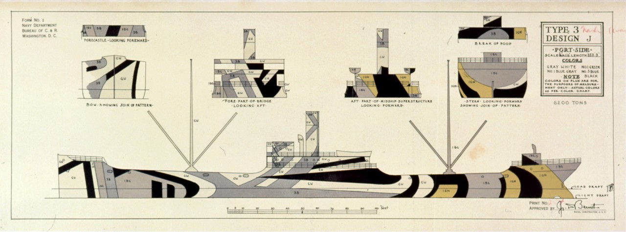 There are six details parts of the plan, first forecastle looking forward, second bow showing join of pattern, third for part of bridge looking aft, fourth aft part of mid ship superstructure looking forward, fifth break of poop, sixth stern looking forward showing join of pattern, The colors used are green, grey white, blue grey, blue.