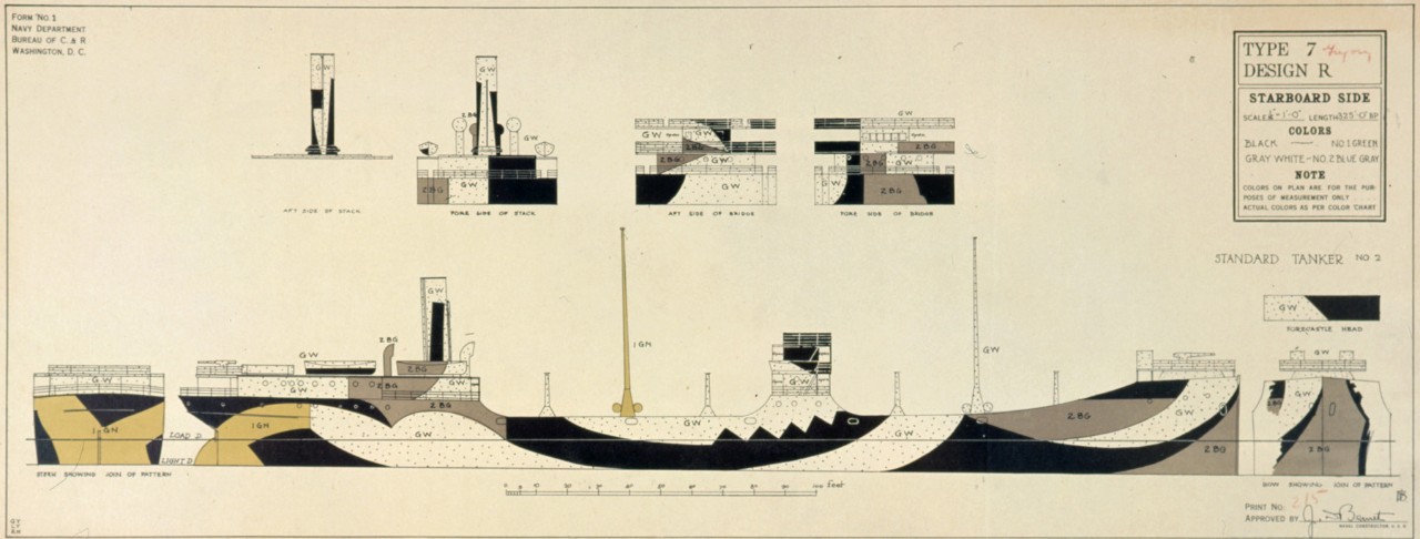 There are seven detail parts to the plan, first aft side of stack, second fore side of stack, third aft side of bridge, fourth foreside of bridge, fifth forecastle head, sixth stern showing join of pattern, seventh bow showing join of pattern and starboard side view of ship. The colors used are black, green, grey white, blue grey.